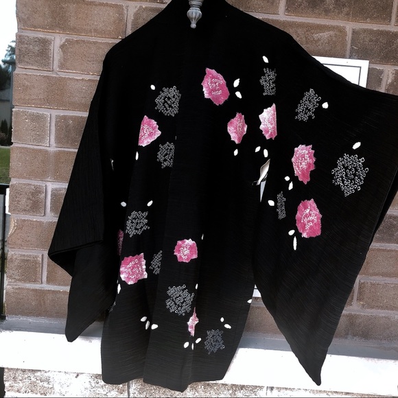 Japanese vintage 100%silk haori kimono jacket blk - Picture 2 of 5